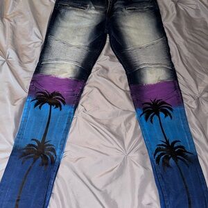 Rockstar Jeans Mens 38x32 Blue Spray Painted Button Fly Skinny Stretch Palm Tree